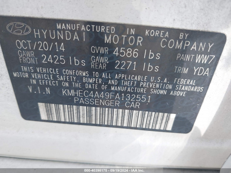 Hyundai Sonata Hybrid Limited 2015 White 2.4L