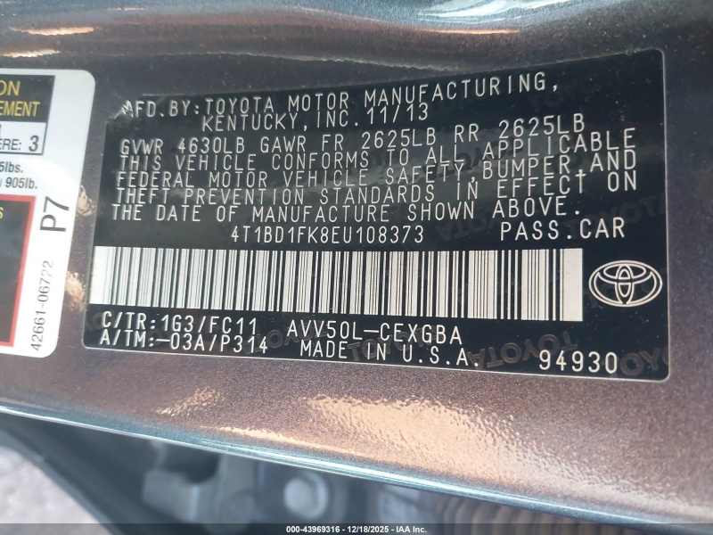 Toyota Camry Hybrid/Le/Xle 2014 Gray 2.5L