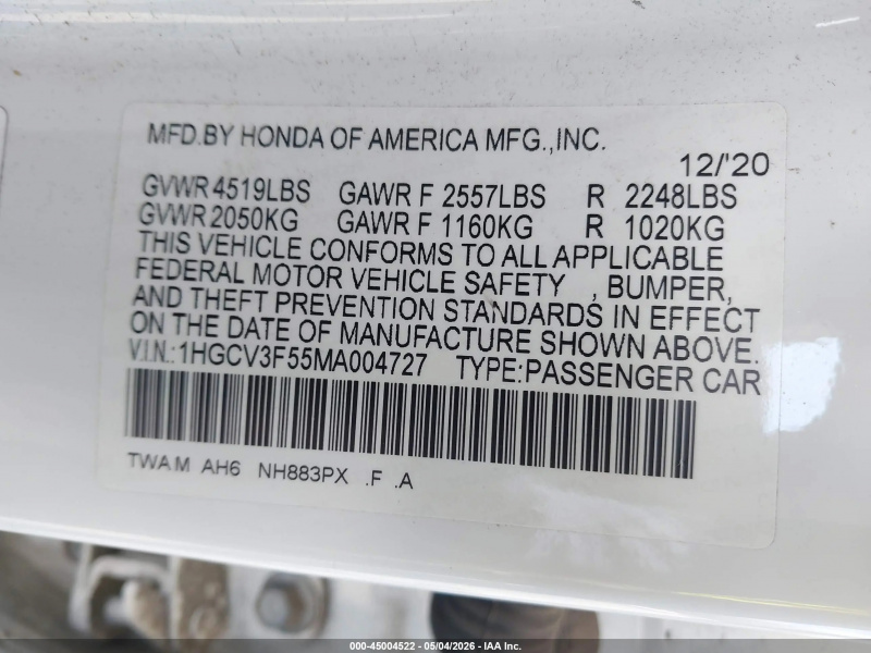 Honda Accord Hybrid Ex-L 2021 White 2.0L