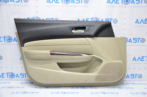 Обшивка двери карточка передняя левая Acura TLX 15-17 кожа беж, дефект накладки и кожи