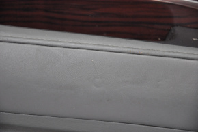 Обшивка двери карточка задняя левая Acura MDX 14-16 серая с серой вставкой кожа, подлокотник кожа, молдинг под дерево глянец, шторка, царапины