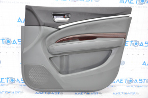 Обшивка двери карточка передняя правая Acura MDX 14-16 серая с серой вставкой кожа, подлокотник кожа, молдинг под дерево глянец, царапины, задир