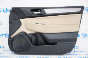 Обшивка двери карточка передняя правая Subaru Legacy 15-19 кожа, бежевая, серая вставка, царапина