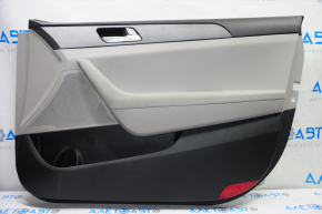 Обшивка двери карточка передняя правая Hyundai Sonata 15-19 черн с серой вставкой пластик, подлокотник кожа, сер молдинг структура