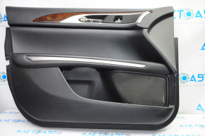 Обшивка дверей картка передня ліва Lincoln MKZ 13-16 чорна шкіра, підлокітник шкіра, вставка дерево глянець, тріщина