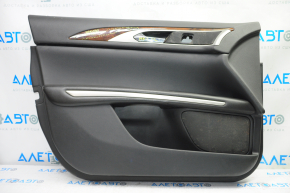 Обшивка двери карточка передняя левая Lincoln MKZ 13-16 черн кожа, подлокотник кожа, вставка дерево глянец, трещины на накладке
