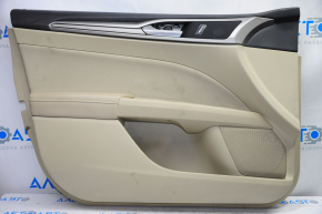 Обшивка двери карточка передняя левая Ford Fusion mk5 13-16 беж с беж вставкой тряпка, подлокотник кожа, молдинг серый структура, вмятины, под химчистку