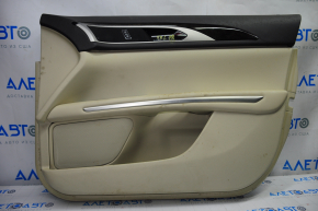 Обшивка двери карточка передняя правая Lincoln MKZ 13-16 беж кожа, подлокотник кожа, вставка дерево глянец, тычки, дефект вставки, под химчистку