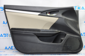 Обшивка двери карточка передняя левая Honda Civic X FC 16-21 4d тряпка черная с беж вставкой пластик,, царапины, под химчистку, тычки