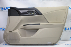 Обшивка двери карточка передняя правая Honda Accord 13-17 беж с беж вставкой кожа, подлокотник кожа, молдинг ручки тип 4, надрыв, царапины
