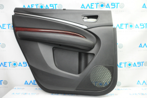 Обшивка дверей картка зад лев Acura MDX 14-16 чорна з чорною вставкою шкіра, підлокітник шкіра, молдинг під дерево глянець, шторка, подряпини
