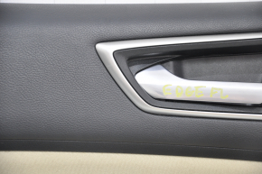 Обшивка двери карточка передняя левая Ford Edge 15-18 черная кожа с бежевой вставкой царапины, под чистку