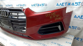 Бампер передний в сборе Audi A5 F5 17-19 под парктроники premium, prestige, с решеткой радиатора, красный, царапины, песок на хроме, слом креп