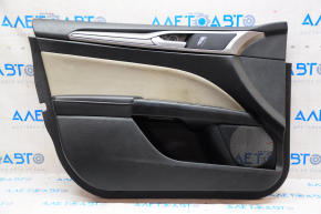Обшивка двери карточка передняя левая Ford Fusion mk5 17-20 черн с беж вставкой тряпка, подлокотник кожа, молдинг серый структура, царапины, под чистку