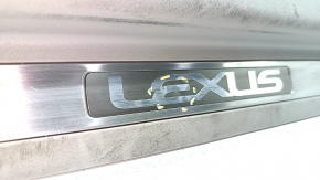 Накладка порога передняя правая Lexus RX350 RX450h 10-15 серая, с хромированной накладкой, потёрта, тычки на хроме