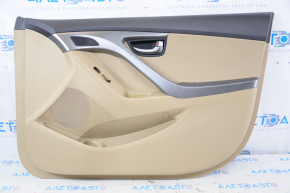 Обшивка дверей картка передня права Hyundai Elantra UD 11-13 дорест беж, вставка шкіра з перфорацією, підлокітник шкіра. подряпини, порваний підлокітник