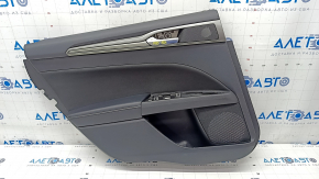 Обшивка двери карточка задняя левая Ford Fusion mk5 17-20 черная с серой вставкой, тряпка, подлокотник кожа, молдинг серый, царапины, отсутствует заглушка