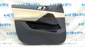 Обшивка дверей картка передня ліва BMW X5 G05 19-23 шкіра schwarz/Canberra-Beige, вставка під дерево Fineline Stripe, підлокітник шкіра бежева, з ручкою та накладками, тички, прим'ятість
