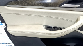 Обшивка дверей картка передня ліва BMW X3 G01 18-21 шкіра бежева, вставка бежева шкіра, сіра строчка, вставка під дерево тополя, з ручкою, з кнопками, під хімчистку, подряпина