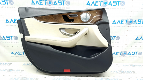 Обшивка двери карточка передняя левая Mercedes W213 E 17-23 кожа черная, вставка бежевая кожа, подлокотник бежевая кожа, без шторки, вставка под дерево, Burmester, с накладками и ручкой, тычки, примят
