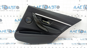 Обшивка двери карточка задняя правая в сборе BMW 3 F30 12-18 черная, подлокотник и вставка кожа черная, серая строчка, хром молдинг, накладка под темное дерево, с подсветкой, вмятина