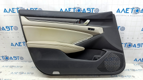 Обшивка дверей картка передня ліва Honda Accord 19-22 під пам'ять, чорно-сіра, підлокітник, сіра шкіра, вставка під дерево, з ручкою, подряпини, під чищення, вм'ятина