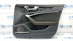 Обшивка двери карточка передняя правая в сборе Audi A6 C8 19-21 темно-серая под шторку и память, вставка алькантара черная, подлокотник кожа коричневая, верх кожа темно-серая, молдинг хром с подсветко