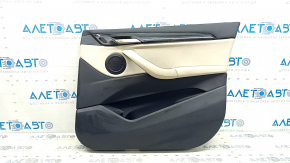 Обшивка дверей картка передня ліва BMW X1 F48 16-22 шкіра Sensatec бежева з чорним, Oyster, з підлокітником шкіра бежева Oyster, молдинг чорний глянець, з накладкою, з ручкою, подряпини