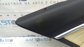 Обшивка двери карточка задняя левая BMW 3 F30 12-18 черная, накладка темное дерево Fineline, вставка кожа бежевая, с серым молдингом и подсветкой, с ручкой, потерта, под химчистку