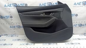 Обшивка двери карточка передняя левая Mazda 3 19-23 4d кожа черная, Japan built, с накладкой динамика и заглушкой ручки, подлокотник и вставка кожа черная, коричневая строчка, царапины
