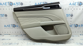 Обшивка дверей картка задня ліва Ford Fusion mk5 17-20 titanium, Platinum, шкіра сіра, із сірою вставкою під ромб, вставка під дерево, верхня накладка коричнева, з ручкою, подряпини, під хімчистку