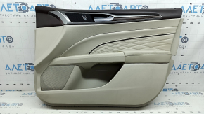 Обшивка дверей картка передня права Ford Fusion mk5 17-20 titanium, Platinum, шкіра сіра, з сірою вставкою під ромб, вставка під дерево, верхня накладка коричнева, з ручкою, з підсвічуванням, подряпини, під хімчистку, побілів пластик