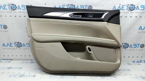 Обшивка дверей картка передня ліва Lincoln MKZ 17-20 бежева, з бежевою вставкою шкіра, підлокітник бежева шкіра, сірий молдинг, верхня частина коричнева, з ручкою, під хімчистку, подряпини