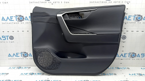 Обшивка двери карточка передняя правая Toyota Rav4 19-24 кожа черная, синяя строчка, подлокотник и вставка черная кожа, молдинг серый, с накладками, царапины