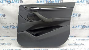 Обшивка дверей картка передня права BMW X2 F39 18-23 шкіра Sensatec, чорна, підлокітник та ручка шкіра чорна, молдинг під темне дерево з ручкою відкривання хром, з підсвічуванням та сітками динаміка, під хімчистку