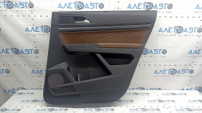 Обшивка двери карточка задняя правая VW Atlas 21-23 черная, коричневая кожа с белой строчкой, подлокотник кожа коричневая, со шторкой, пищалкой и ручкой хром, царапины, тычка