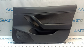Обшивка двери карточка передняя правая Tesla Model 3 18-20 кожа черная, вставка алькантара, подлокотник кожа, с управлением стеклоподъемником и кнопкой открытия двери, примята, трещина в сетке