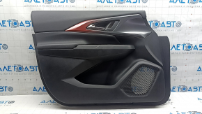 Обшивка двери карточка передняя левая Chevrolet Equinox EV 24-26 черная, верхняя вставка кожа черная, подлокотник резина черная, хром ручка, с подсветкой, без кнопок и проводки, царапины