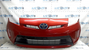 Бампер передний в сборе Toyota Prius 30 12-15 рест, красный, с заглушками буксир крюка, решетками, эмблемой, и каркасом, царапины, треснут, незаводские отверстия