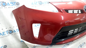 Бампер передний в сборе Toyota Prius 30 12-15 рест, красный, с заглушками буксир крюка, решетками, эмблемой, и каркасом, царапины, треснут, незаводские отверстия