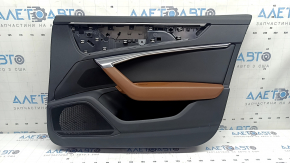 Обшивка двери карточка передняя правая Audi A6 C8 19-24 кожа черная, вставка кожа черная, подлокотник кожа светло-коричневая, молдинг хром с подсветкой, тычки