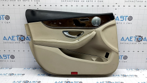 Обшивка двери карточка передняя левая Mercedes C-class W205 15-18 кожа бежевая, вставка под дерево, подлокотник кожа бежевая, верх черный, с ручкой и накладками, царапина, под чистку