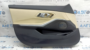Обшивка двери карточка передняя левая BMW 3 G20 19-26 черная, кожа бежевая Canberra Beige, с ручкой и накладкой хром, подлокотник и вставка кожа бежевая Canberra Beige, с подсветкой, под память сидений, под химчистку