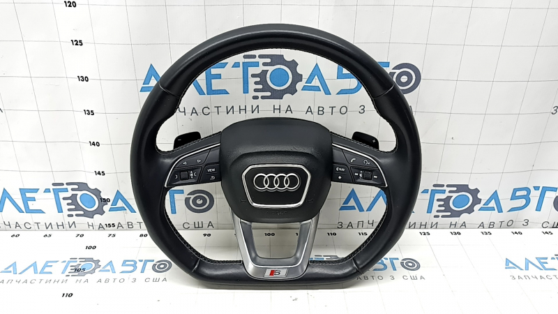 Руль в сборе Audi Q5 80A 18-20 кожа черная с серой строчкой, скошенный, S-Line, с кнопками и Airbag, царапины