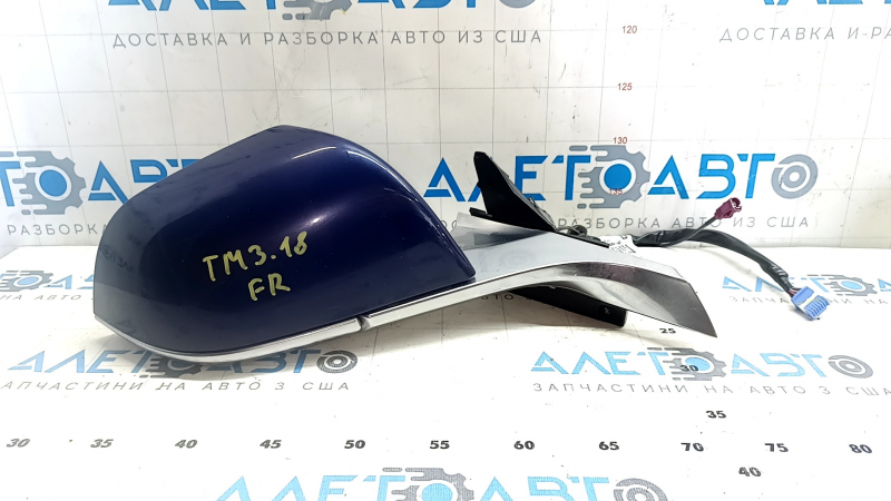 Зеркало боковое правое в сборе Tesla Model 3 18-20 13+1 пинов, подогрев, автозатемнение, синий PPSB, хром, тычки