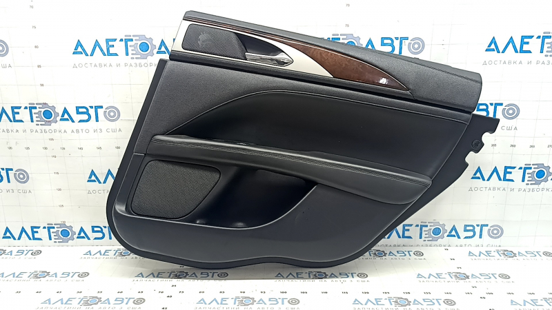 Обшивка дверей картка задня права Lincoln MKZ 17-20 чорна з чорною вставкою шкіра, підлокітник чорна шкіра, вставка коричневе дерево глянець, під пищалку, з підсвічуванням, з ручкою, подряпини, надрив