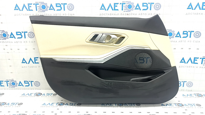 Обшивка дверей картка передня ліва BMW 3 G20 19-26 чорна, шкіра бежева Canberra Beige, з ручкою та накладкою хром, підлокітник та вставка шкіра бежева Canberra Beige, з підсвічуванням, під пам'ять сид
