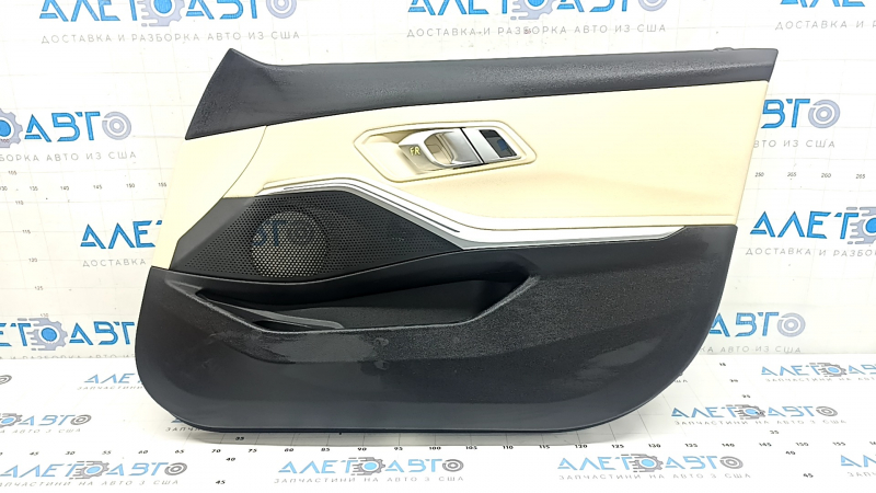 Обшивка дверей картка передня права BMW 3 G20 19-26 чорна, шкіра бежева Canberra Beige, з ручкою та накладкою хром, підлокітник та вставка шкіра бежева Canberra Beige, з підсвічуванням