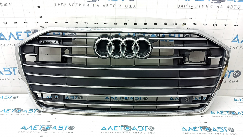 Решетка радиатора в сборе Audi A6 C8 19-23 под парктроники и радар, черный мат с хромом, с эмблемой quattro, обрамлением радара, песок