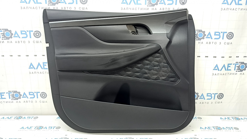 Обшивка дверей картка передня ліва Hyundai Santa FE 21-23 чорна, з накладкою, вставка та підлокітник шкіра чорна, молдинг сірий ромб, подряпини, під чищення